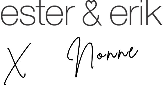 Logo for samarbejdet mellem den danske lysfabrik ester & erik og Nonne, sat med lys skrifttype og håndskrevet signatur på hvid baggrund