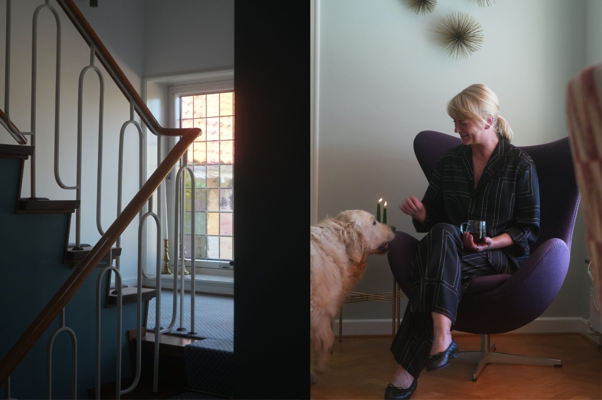 Messingstage med lys i en trappeopgang ved siden af en kvinde i lilla lænestol med kaffe, en golden retriever og to mørkegrønne hånddyppede stagelys på et sidebord